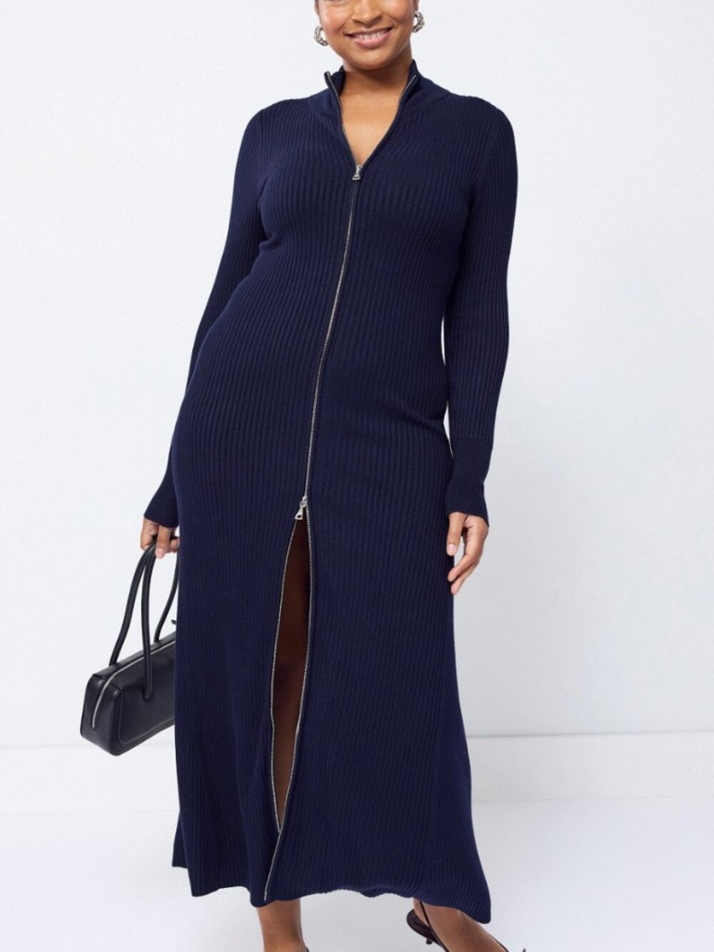 Modern Citizen Navy Ribbed Zip-Front Long Sleeve Midi Dress